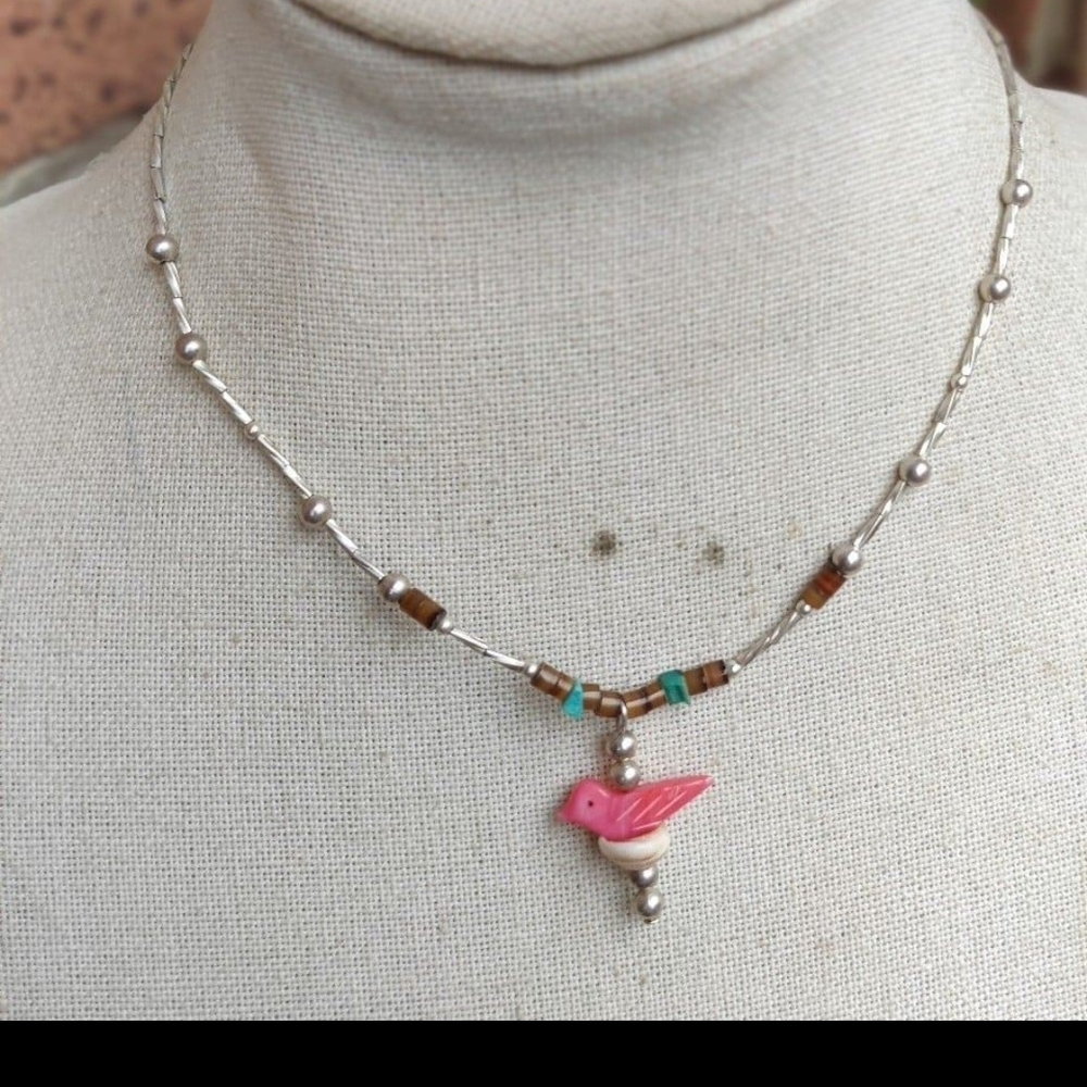 Sterling Native Turquoise And Coral Bird Fetish Heishi Bead Necklace - Picture 3 of 5